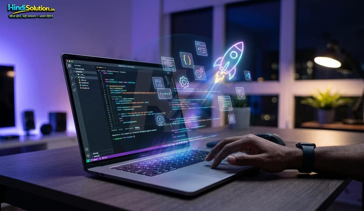 VS Code एक्सटेंशन के साथ कोडिंग की गति बढ़ाते हुए भारतीय छात्र का लैपटॉप